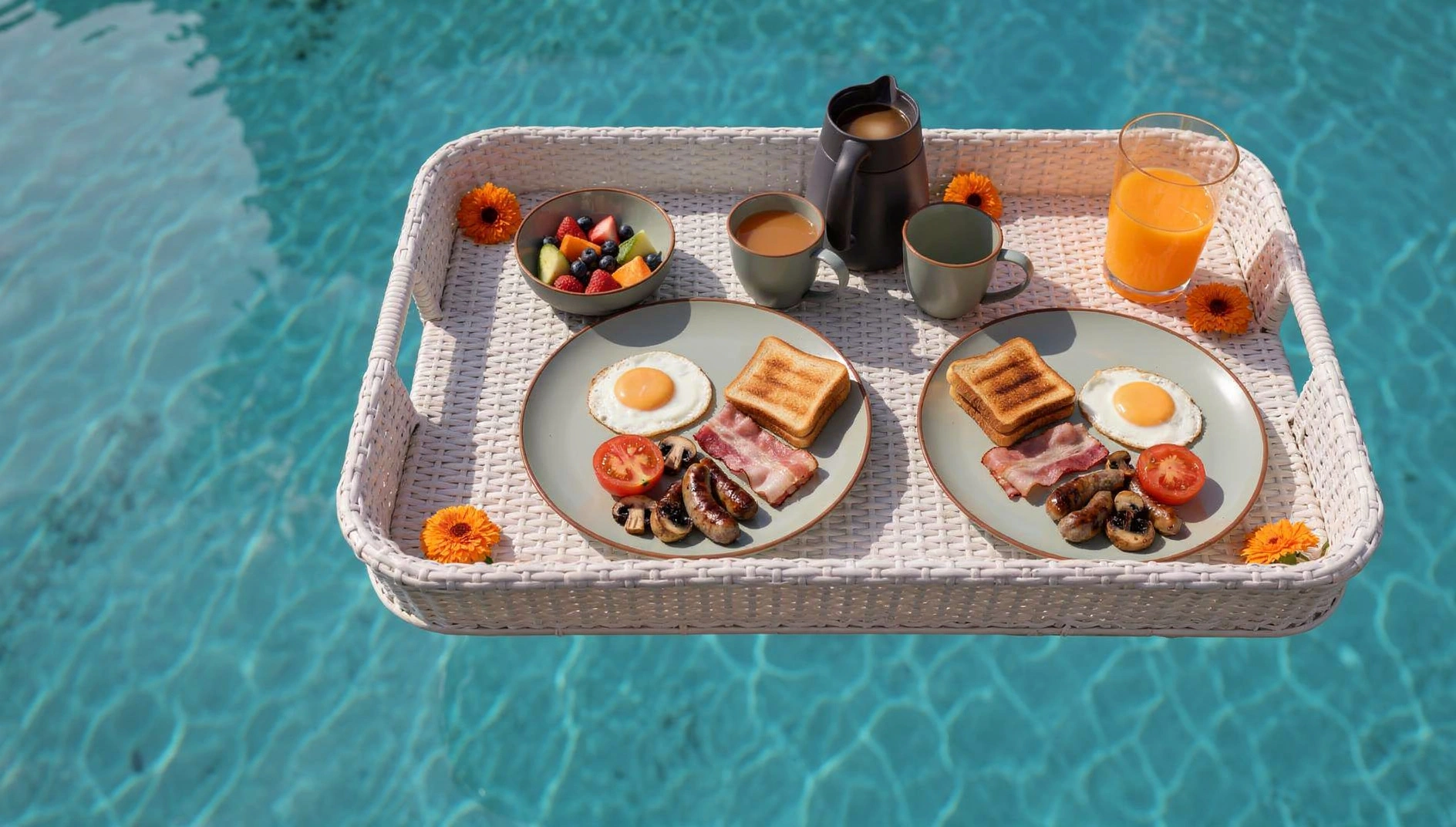 English floating breakfast tray for two with eggs, bacon, sausages, toast, fresh fruit, orange juice, coffee and tea in a Ubud villa pool