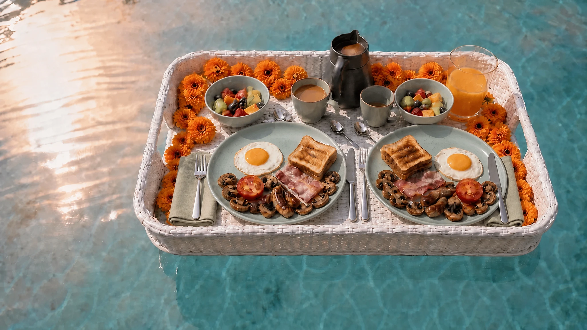 Floating breakfast tray with an English breakfast for two in a private Ubud villa pool
